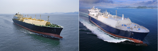 신규 건조 선박가격이 내달이면 약 11년만에 150포인트대에 진입할 전망이다. 사진은 대우조선해양의 LNG 운반선(왼쪽)과 삼성중공업의 LNG 운반선(오른쪽). <각 사 제공>