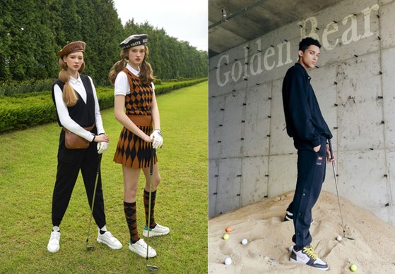 코오롱FnC의 골프 브랜드 '왁'의 점프수트(왼쪽)와 '골든베어'의 골프복. 일상 생활에서도 입을 수 있는 편안한 스타일과 '스트리트 패션' 감성이 녹아있는 디자인이 특징이다. 사진 코오롱FnC