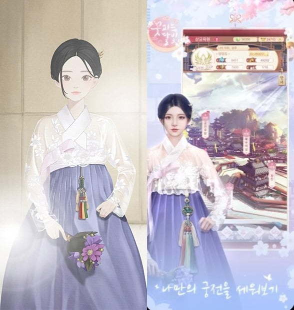 A hanbok item designed by Baekoaksoo in the Korean game “Girl Globe” (left) and a clothing item featured in Chinese game “Blooming Moonlight.” (Aircap)