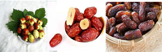 왼쪽부터 생대추 선조(鲜棗), 말린 대추 홍조(紅棗), 홍조(紅棗)를 가공한 흑조(黑枣).