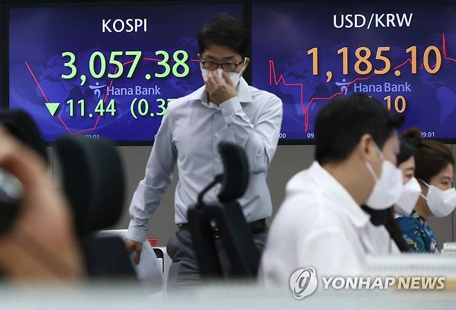 코스피 장 초반 3,050대로 하락 (서울=연합뉴스) 신준희 기자 = 코스피가 1일 장 초반 하락세다.
이날 오전 명동 하나은행 본점 딜링룸 전광판에 실시간 코스피와 원/달러 환율이 표시돼 있다. 2021.10.1 hama@yna.co.kr