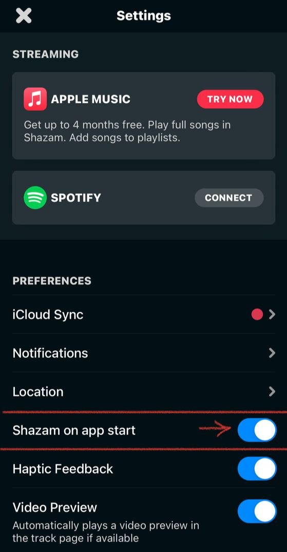 샤잠에서 음악을 검색하려면 메인 화면의 S자를 눌러야 노래가 인식되지만 샤잠 앱 내 세팅 메뉴로 들어가 앱을 켜자마자 노래가 인식될 수 있도록 바꿀 수 있다. [사진 최은서, 샤잠 캡처]