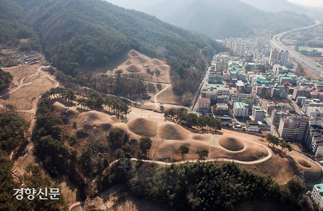 부부총이 속해있는 경남 양산 북정동 고분군. 야트막한 구릉에 18기의 고분이 늘어서 있어서 있다. 일제는 이른바 임나일본부의 존재를 확인하기 위해 경상도 가야고분을 집중발굴했다. 부부총 발굴도 그 일환이었다. 하지만 가야고분이라고 여겨 발굴해보니 무덤 속에서는 신라유물만 쏟아졌다. 겉은 가야, 속은 신라였던 것이다.|양산시립박물관 제공