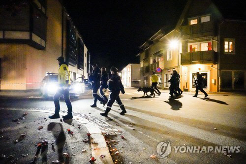13일(현지시간) 저녁 화살 공격이 벌어진 노르웨이 콩스베르그 거리를 경찰이 순찰하고 있다. <오슬로 AP= 연합뉴스>