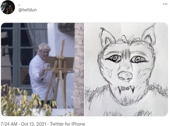 보리스 존슨 영국 총리가 휴가지에서 그림 그리는 모습(왼쪽)을 조롱하며 네티즌이 그린 그림. (오른쪽) [트위터]