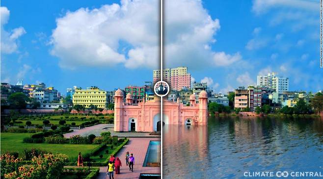 방글라데시 다카에 있는 랄바그 요새의 현재 모습(왼쪽)과 지구 온도가 3도 올랐을 때의 모습(오른쪽). 클라이밋 센트럴 제공