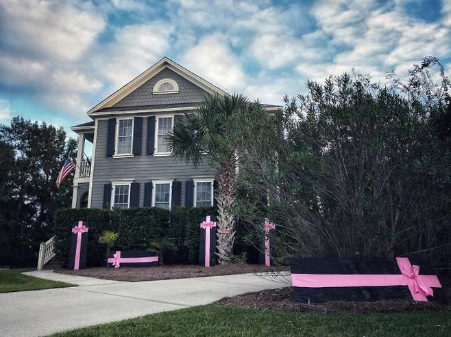 <오징어 게임>에 등장하는 핑크색 리본 장식 관을 핼러윈 하우스 데코레이션에 이용한 미국 현지 집. 사진출처| 레딧