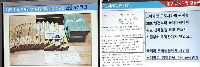 野김용판 의원이 공개한 돈다발 사진과 사실확인서 - 18일 국회 행정안전위원회의 경기도청 국정감사에서 국민의힘 김용판 의원이“국제마피아파 행동대장 출신 박철민씨가 이재명 당시 성남시장에게 전달한 것”이라며 공개한 5000만원 상당의 돈다발 사진(왼쪽). 민주당 의원들은 2018년 박씨가 자신의 페이스북에 올린 현금 뭉치 사진이 이 사진과 동일하다며“박씨 주장은 허위”라고 반박했다. 오른쪽은 이 의혹을 제보한 박씨가 자필로 썼다는 사실 확인서. /국회사진기자단·국회TV