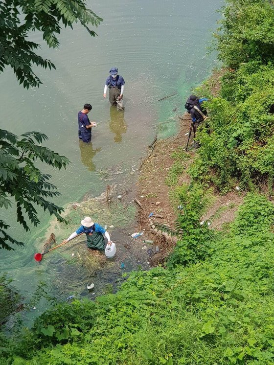 지난 8월 13일 낙동강에서 녹조가 발생한 강물을 채수하는 장면. 환경운동연합
