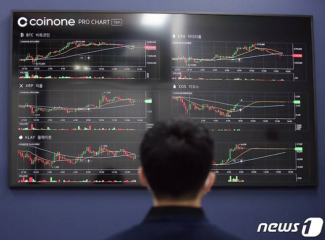 비트코인 상장지수펀드(ETF)가 19일(현지시간)부터 뉴욕증권거래소(NYSE)에서 거래가 정식 시작됨에 따라 비트코인이 5% 가까이 급등해 사상최고치에 근접하고 있다. 비트코인 사상최고치는 지난 4월 14일 기록한 6만4895달러다. 이제 비트코인은 사상최고치 경신까지 약 600달러만 남겨두고 있다. 사진은 20일 오후 서울 용산구 코인원 고객센터 모니터에 비트코인 시세가 표시돼 있는 모습. 2021.10.20/뉴스1 © News1 김진환 기자