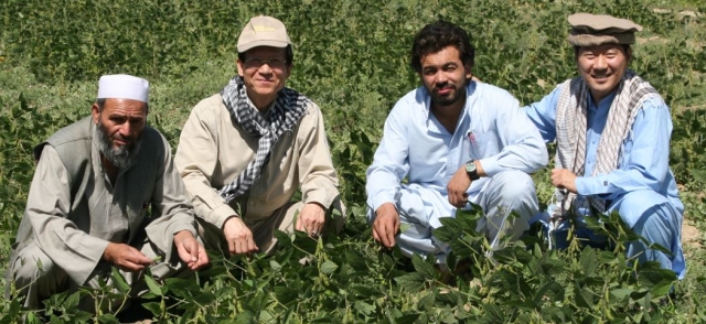 아산상 사회봉사상을 받는 권순영(왼쪽 두번째) '영양과 교육 인터내셔널' 대표가 아프가니스탄 콩 농장에서 주민들과 작물을 살펴보고 있다.