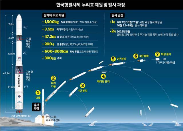 한국형 발사체 누리호 제원 및 발사 과정. 그래픽=강준구 기자