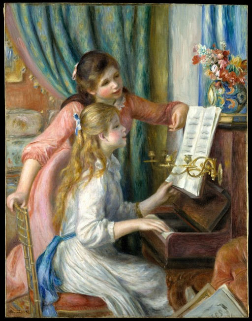 ‘피아노와 두 소녀(Two Young Girls at the Piano)’(1892). 샤르팡티에 부인 가족의 초상화와 같은 가족 초상이다. 부르주아 가정의 매력적이면서 친밀한 분위기가 평화로운 소녀들의 모습을 통해 전해진다. 메트로폴리탄박물관 제공