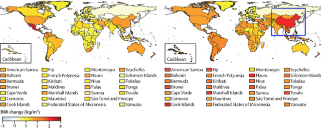 지난해 11월 의학학술지 '랜싯'에 실린 논문에 첨부된 세계지도 2건. 지난 35년간 각국 19세 여성(왼쪽)과 남성(오른쪽)의 체질량지수(BMI) 증가율을 나타냈다. 붉은색이 진할수록 체중이 더 급속히 늘었다는 의미다. 오른쪽 지도 파란색 네모를 보면 중국 남성의 BMI 증가율이 세계 최고 수준이다. 세계 1위 비만 대국 중국의 현실이 반영됐다. 중국 매체들은 이 내용은 쏙 빼고 키 증가율만 부각시켰다. 랜싯 캡처