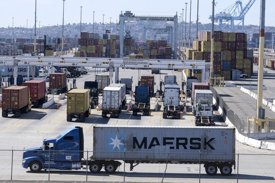 지난 21일 LA 산페드로항에 길게 줄 선 컨테이너 트럭들. [AP=연합뉴스]