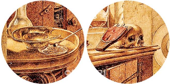 야코프 카츠의 ‘여성의 머리에서 돌을 빼내는 이발사 겸 외과의사’(1787)를 클로즈업했다. 왼쪽은 이발사가 ‘이미에서 빼냈다’고 환자를 속인 ‘광기의 돌’을 담은 접시. 오른쪽은 창쪽 선반에 놓인 가위와 칼 등을 수납한 가죽지갑과 이발사 겸 외과의사의 전문성을 보여주기 위해 전시한 두개골.