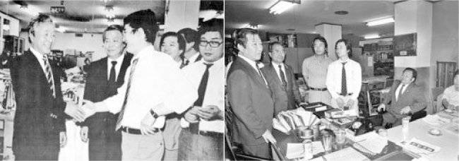 1987년 9월25일 통일민주당 총재이던 김영삼 전 대통령(맨 왼쪽)이 전두환 정권의 신동아 탄압 사태에 맞서 농성 중이던 동아일보 출판국 기자들을 찾아 격려하고 있다. 통일민주당 상임고문이던 김대중 전 대통령도 출판국 기자들을 격려했다(오른쪽 사진에서 맨 왼쪽).