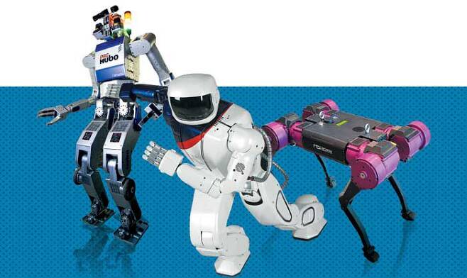 국내 로봇 전문 기업 ‘레인보우로보틱스’가 만든 로봇들. 2015년 세계 재난 로봇 경진 대회에서 우승한 인간형 로봇 ‘DRC 휴보’(왼쪽부터)와 2018년 평창동계올림픽의 손님맞이 도우미로 쓰인 신형 ‘휴보’, 올 연말 출시 예정인 사족(四足) 보행 로봇 개(犬) 등이다. / 레인보우로보틱스