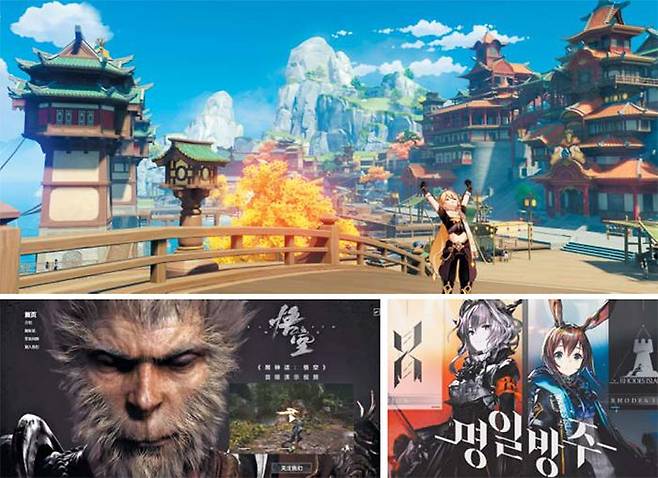 중국 게임이 그래픽과 스토리 등 모든 면에서 세계적 수준에 올라서면서 미국과 한국의 게임 산업을 위협하고 있다. 위에서부터 시계방향으로 역할수행게임(RPG) ‘원신’, 모바일 게임 ‘명일방주’, 현재 개발 중인 액션 RPG ‘블랙미스: 오공’의 게임 화면. /미호요·요스타·게임 사이언스 스튜디오