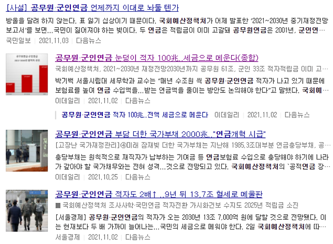 ▲ 군인연금 공무원연금 관련 기사들