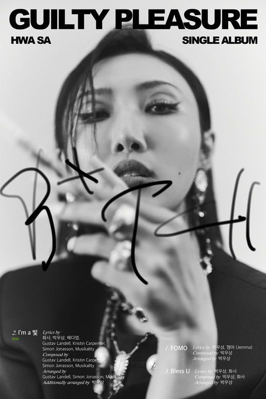 MAMAMOO Hwasa, who is about to make a comeback on the 24th, unveiled Shinbos track list.Hwasa raised expectations for a Solo comeback today at 0:00 (15th), with a trackslist of her second single Guilty Pleasure (Gilty Pleasure) on official SNS.According to the released Trackslist, the single album included a total of 3Tracks including the title song Im a Light (Amazing Light), FOMO and Bless U.The title song Im a Light is a song that Hwasa participated in in the songwriting, and it heralds another three-letter title hit following Twit and Mary (Maria).Especially, this is the first time that Hwasas Solo song has been received by foreign producers.In addition, hitmaker Park Woo-sang, who has been working with Hwasa for Twit and Mary (Maria), will participate in Tracks FOMO and Tracks Bless U for the first time and will once again produce the best synergy with Hwasa.Hwasa also participates in the composition and writing of Bless U and goes on to grow infinitely as a singer-songwriter.Hwasa in the track list, which was released with the credits of the album, has an elegant and fascinating atmosphere with intense eye makeup in a slick hairstyle.Hwasa, who has been driving the topic in a unique style every comeback, has an overwhelming presence with unstoppable pose and concept.The single album Guilty Pleasure is a Solo album released by Hwasa in a year and a half. It is an album that contains Hwasas courage and comfort message with the theme of Guilty Pleasure which means to enjoy feeling guilty and enjoying behavior.Hwasa has demonstrated a wide musical spectrum by directly participating in a number of songs released by Solo, including his debut song Twit and Mary (Maria).As he projected his story, he was loved by Hwasas music, sensitivity and performance, including leading the album work.Shinbo is also expected to meet the musical capacity of Solo artist Hwasa with the album that has been completed for a long time.On the other hand, Hwasa will release his second single album Guilty Pleasure through various music sites at 6 pm on the 24th.RBW