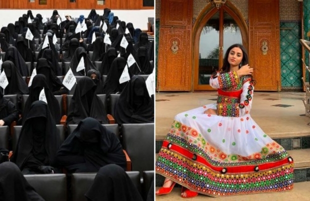 사진 왼쪽은 지난 11일 카불에 있는 샤히드 라바니 교육대학교 강의실에서는 머리끝부터 발끝까지 검은색 옷을 입고 탈레반의 깃발을 흔드는 여학생들의 모습, 오른쪽은 탈레반의 강요에 맞서 아프간 여성전통복장을 SNS로 알리는 여성의 사진