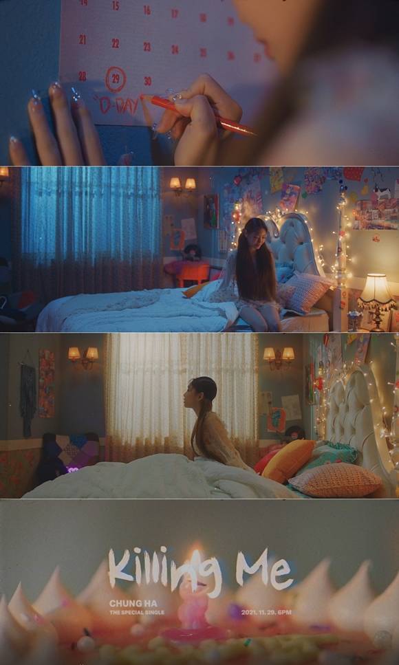 Singer Chungha showed off his lovely visuals in a dreamy atmosphere and predicted a different transformation.Chungha released a teaser video of the new Special single Killing Me music video on the official SNS at 0:00 on the 25th.The video is filled with the lovely visuals of Chungha, capturing the attention of fans.First, the video begins with a scene where Chungha draws a circle on the 29th day of the calendar and writes D-DAY directly.This made Chungha more anticipated to return to Chungha, which started full-scale comeback countdown with the date of release of Chunghas new news.Chungha showed a refreshing and lovely charm with cute homeware and a hairstyle.ESpecially at the end of the video, Chungha, who greeted the morning in the room where the darkness fell, and a cake with candles burning under the Killing Me credits appear to raise expectations for the new song.Killing Me is a god that Chungha will show in about nine months after his first full-length album, Querencia (Kerencia), released in February.Chungha participated in the direct writing and compared the helplessness and frustration to the Tunnel, and at the end of the long Tunnel, he had a hopeful message that the sunshine waited for us.Chungha plans to show a meaningful message through this new song and to show the capacity of the more colorful vocalist.In the meantime, there is interest in the transformation of Chungha, who has captivated listeners with unique tone and intense performance.Chunghas Special single Killing Me will be released on various online music sites at 6 pm on the 29th.[Entertainment Department 