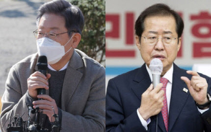 이재명 더불어민주당 대선후보(왼쪽)와 홍준표 국민의힘 의원.(사진=연합뉴스, 국회사진기자단)