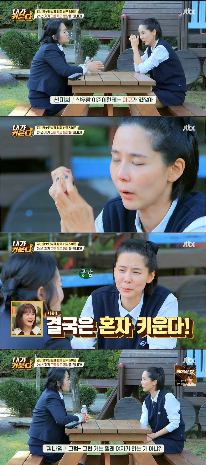 Singer Lee Ji Hyun surprised everyone by appearing with a changed son Woo Kyung Lee.On the first day of JTBCs Brave Solo Parenting - I Raise (abbreviated I Raise), the story of Jung Chan, Kim Na-young and Lee Ji Hyun families was drawn.The doctor advised, Woo Kyung-yi knows that this way, his mother is weakened. It is learning to Woo Kyung-yi. It is important for his child. Lee Ji-hye said, Dr.It will change, he said. I believe in you and Woo Kyung.Lee Ji Hyuns house, which he visited again a month after the broadcast, and Lee Ji Hyun, who usually exercised alone, were busy mediating Brother and Sister who fought from the morning, but now they exercised together in the morning.Dressed in a cute penguin pajamas, Brother and Sister followed her mother to stretch.Once you say that a tempo has calmed down, you have always acted radically and dangerously, but you have improved a lot, Lee Ji-Hyun said.In fact, Lee Ji Hyuns face has become much brighter; Lee Ji Hyun was pleased that it hasnt changed 180 degrees since the treatment started, but it has improved a lot.However, Woo Kyung, who was shown in the trailer, wrote a evil to her mother Lee Ji Hyun and said, Why do you just say what you do not like? Why do you make me unhappy like this?I will die in front of my mother right now. I would rather die. Eventually, tired Lee Ji Hyun was saddened by sitting in a corner of the kitchen.Kim Na-young said, It is a trend to date in uniform among MZ generations these days.So Shin-Urayasu Station Lee Joon came out in uniform. In front of Kim Na-young wearing a uniform of Chuncheon Girls High School, a real alma mater, a female high school alumni appeared.Everyone was surprised by Kim Na-youngs past photos, and Kim Na-young wondered, Who is it? Kim pretended not to know, I do not know, it is a wrong picture.Friend welcomed Kim Na-young, saying, Chuncheon Ko So-young. Kim Na-young, who had good development when he was a child, said, My nickname was a cow lady.I was confident that my development was different, and Jung Chan said, How should I react? Friend said, I wanted to tell you something, but you came out on TV as a rabid bug. I had to be in the fifth place in junior high school to go to Chuncheon Girls High School.Kim Na-young was in the 50th place in the school at the time of high school entrance. Friend said, I married in 2011 and Kim Na-young said, I do not want to remember, but I married at thirty-five.Kim Na-young came to Chuncheon in three or four years. He said, I came by when I stopped by Moms oxygen.Friend said, You are your home, but your home is not your home.I wanted to be your home to Na Young, he said, tearing Kim Na-young.Friend brought up a graduation photo album and surprised Kim Na-young.Kim Na-young, who came out of junior high school together, said, I do not want to see it.Jung Chan narrowed his eyes, saying, Where is Chuncheon Ko So-young? And at the end of the photo, Kim Na-young was.Kim Hyun-sook was puzzled that Na-young didnt have surgery, and Kim Na-young joked, I did a little bit. Im talking about this for a long time.Photos of Chae Rim, Gim Gu-ra and Jung Chan were also released during their school days.Jung Chan recalled, I did not know it was popular in high school, and I knew it because I came with flowers when I was working part-time later. Kim Na-young said, I have a lot of men to see me.The four children and two mothers went back to their concentricity and started playing Mugunghwa Flowers.Kim Na-young then beat Shin-Urayasu Station to throw shoes and said, I just wanted to win.In the end, Shin-Urayasu Station won the first place thanks to his aunt who settled the situation.Six people who came to the one amusement park in Chuncheon decided to ride the childrens romance bumper car.Lee Joon was scared but Shin-Urayasu Station was excitedly bumper-car-riding and also challenged the Vikings.However, Lee Joon laughed and enjoyed the Vikings while Kim Na-young, who was fussing about the childrens Vikings.On that day, Jung Chan went to the exhibition wearing a group military look with his children. Jung Chan was confident that he was unrefusal, because he was used to the original Father.The three families who went to the War Memorial were recommended to exhibit Tutankhamen and started to enjoy it together.Unlike Saechan, who has studied hard in advance, Sae-gil was bored saying, I am sleepy. Kim Na-young shook his head, saying, Sunlight is my style.Father Jung Chan, who is not interested in history, had a good time discussing history with Saechan, who likes history from the eye level explanation.Jung Chan, who came home, prepared a meal: a folded kimbap dish for children; each child picked out what they wanted and made them happy.Jung Chan, who made his own after the children ate all the rice, said, The shape is still good, and Sachan said, Mom is important in shape.Gim Gu-ra asked, How much do you meet your mom? and Jung Chan replied, I see them two or three times, I meet my kids every weekend.