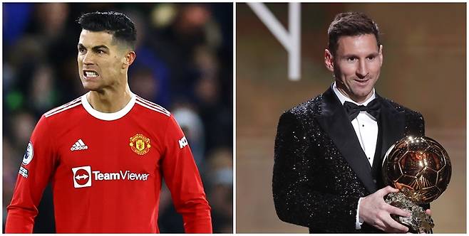 호날두가 자신의 팬이 메시를 깎아내리고 본인을 치켜세운 글에 "진실"이라는 댓글을 남겼다. 사진은 경기를 뛰는 호날두(왼쪽)와 2021 발롱도르를 수상하고 소감을 밝히는 메시. /사진=로이터