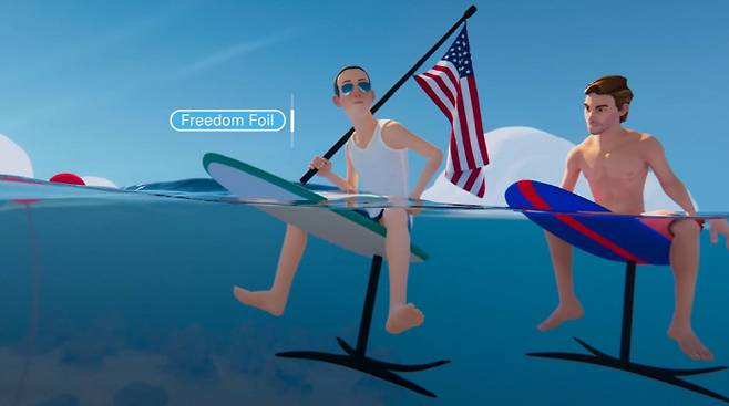 `서핑` 가상현실(VR)게임을 즐기는 마크 저커버그 메타 최고경영자(CEO) 아바타. [캡처=페이스북]