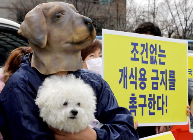 한국동물보호연합 활동가들이 지난달 25일 오후 서울 종로구 광화문 이순신 장군 동상 앞에서 개 식용 금지 촉구 기자회견울 하고 있다. 뉴시스