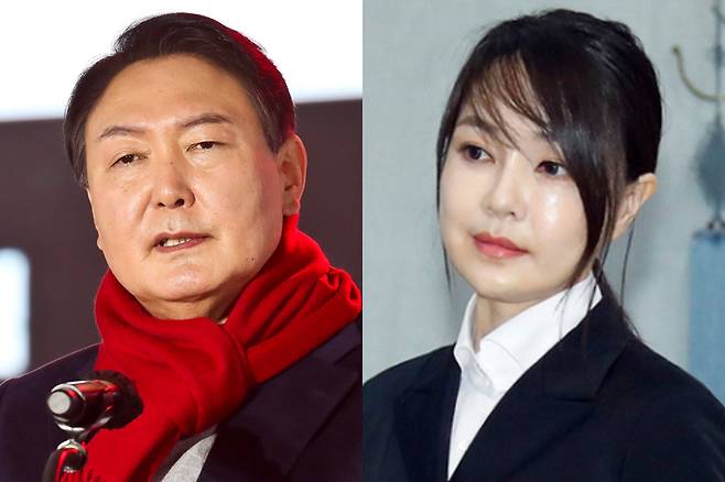 (왼쪽부터) 윤석열 국민의힘 대선 후보, 윤 후보의 부인 김건희 씨 / 사진=국회사진기자단, 연합뉴스