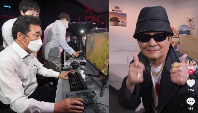 이낙연 전 더불어민주당 대표가 6월 서울 종로구 E스포츠 롤파크 경기장에서 ‘리그오브레전드’ 게임을 체험하고 있다. 오른쪽은 정세균 전 국무총리가 틱톡에 올린 영상. 국회사진기자단·온라인 캡처