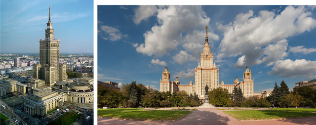 ▲(왼쪽) Palace of Culture and Science in Warsaw(Pałac Kultury i Nauki); (오른쪽) 모스크바대학 본관 건물 (사진 출처: 위키피디아)