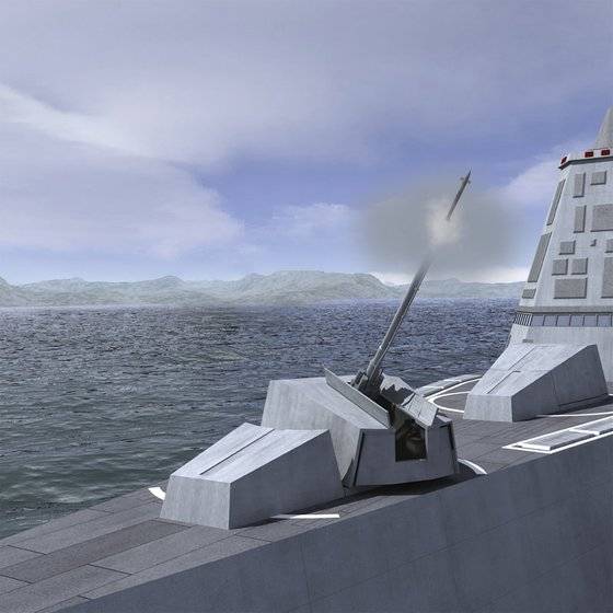 줌월트급 구축함에 탑재하기로 한 AGS. 평소 함체에 넣었다고 발사할 때 꺼내 쏜다. 발사 비용이 미사일 수준으로 올랐고, 성능은 미사일보다 떨어져 폐기됐다. BAE Systems