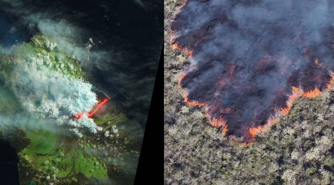 지난 2015년 촬영한 울프 화산의 분화 위성사진(사진 좌측)과 현재 분화 사진