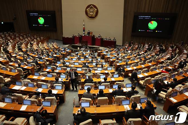 정당에 가입할 수 있는 연령을 현행 만 18세에서 만 16세로 낮추는 내용의 정당법 개정안이 11일 국회 본회의를 통과하고 있다. /뉴스1 © News1 구윤성 기자