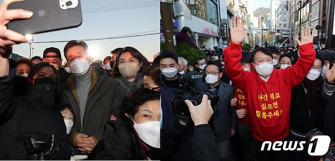 부산을 방문한 이재명 더불어민주당 대선후보(왼쪽)와 윤석열 국민의힘 대선 후보. © 뉴스1