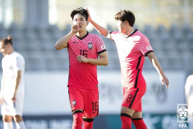 한국 축구대표팀 김진규가 아이슬란드와의 A매치 평가전에서 골을 터뜨린 뒤 골세리머니를 펼치고 있다. 사진=대한축구협회