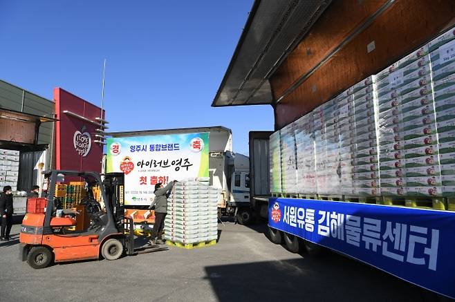 새 단장한 아이러브 영주 디자인 박스에 담긴 사과가 출하되고 있다. (영주시 제공) 2022.01.15