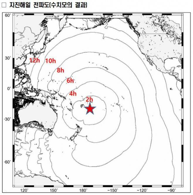 지난 15일 통가의 훙가 통가 훙가 하파이화산(별 표시)의 대규모 분화에 따른 각 지역의 지진해일 도달 예정 시간이다. 기상청 제공