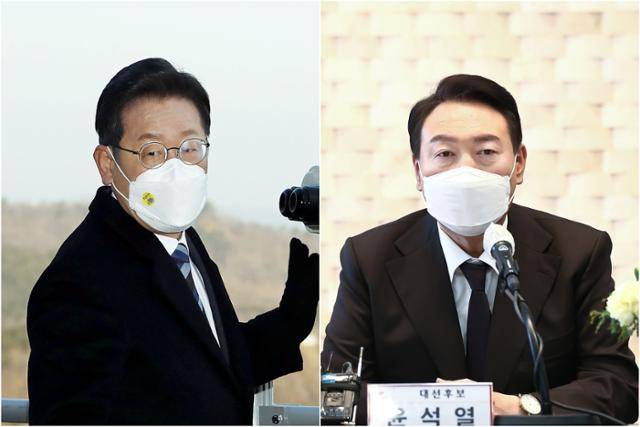 이재명(왼쪽) 더불어민주당 대선후보가 16일 강원 고성군 통일전망대를 방문해 주변을 바라보고 있다. 윤석열 국민의힘 대선후보가 이날 서울 국회의원 및 당협위원장 연석회의에 참석해 발언하고 있다. 뉴시스