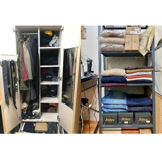 이한울(좌) 김희찬(우)의 옷장. 두 사람다 패션에 관심이 많지만 이한울 씨는 구제의류에, 김희찬씨는 고가의 하이엔드 의류를 주로 산다.