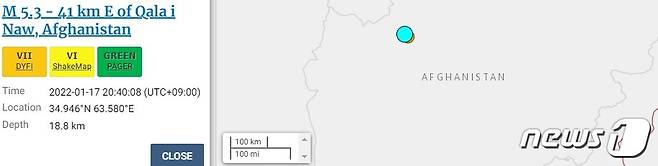 아프가니스탄 서부 바드기스 주 카디스지구에서 17일 오후 규모 5.3의 지진이 발생했다.(USGS 홈페이지 갈무리)© 뉴스1