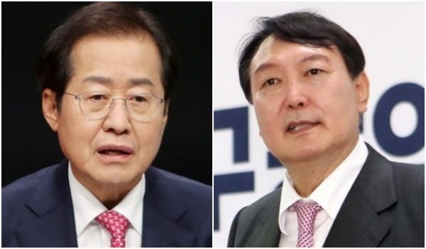 홍준표 국민의힘 의원(왼쪽), 윤석열 국민의힘 대선 후보. 연합뉴스