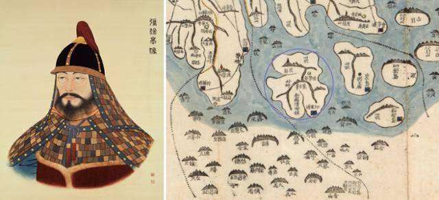 장보고 표준영정(이종상 1979년作). 국립현대미술관 소장. 오른쪽은 대동여지도에 표기된 완도(푸른색 원). 신라청해진(新羅淸海鎭)이라고 쓰여 있다.