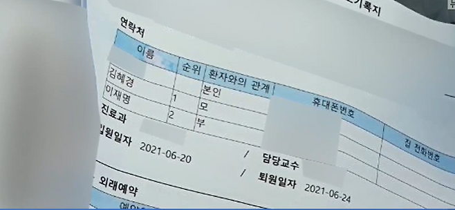 더불어민주당 이재명 대선 후보의 장남 이동호 씨의 퇴원 서류/ 사진=TV조선 보도화면 캡처