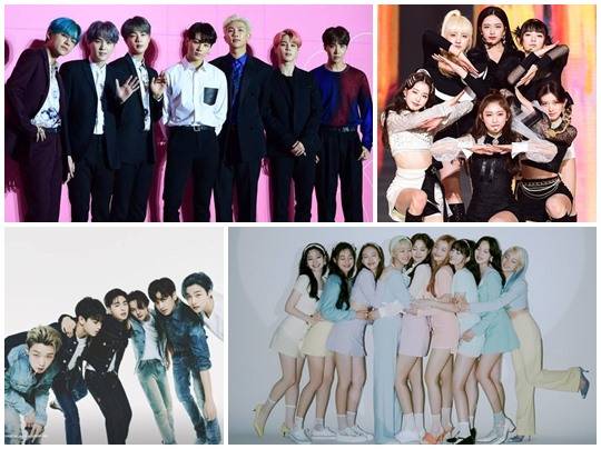 방탄소년단, 아이브, 트와이스, 아이콘(왼쪽 위부터 시계방향). 사진l 스타투데이DB, YG엔터테인먼트, JYP엔터테인먼트