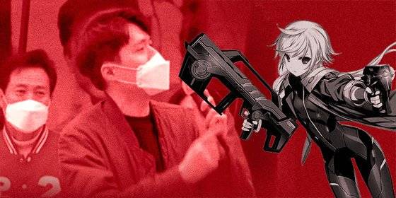 해당 성우의 SNS 포스팅으로 페미 논란이 빚어졌던 '클로저스' 티나 캐릭터(오른쪽), 사진은 지난해 오세훈 서울시장 유세버스에 오른 이대남. 그래픽=김경진 기자